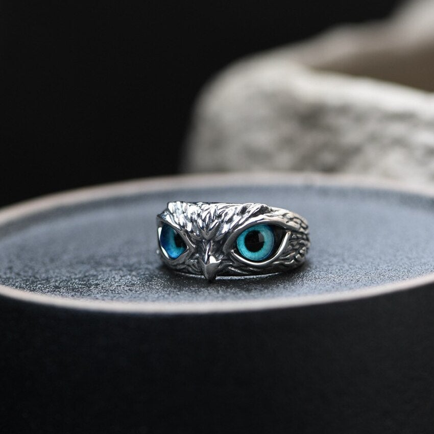 Adjustable Owl Good Luck Ring in Silver and Opal
