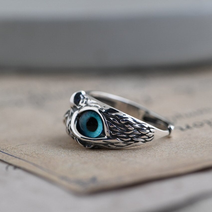 Adjustable Owl Good Luck Ring in Silver and Opal
