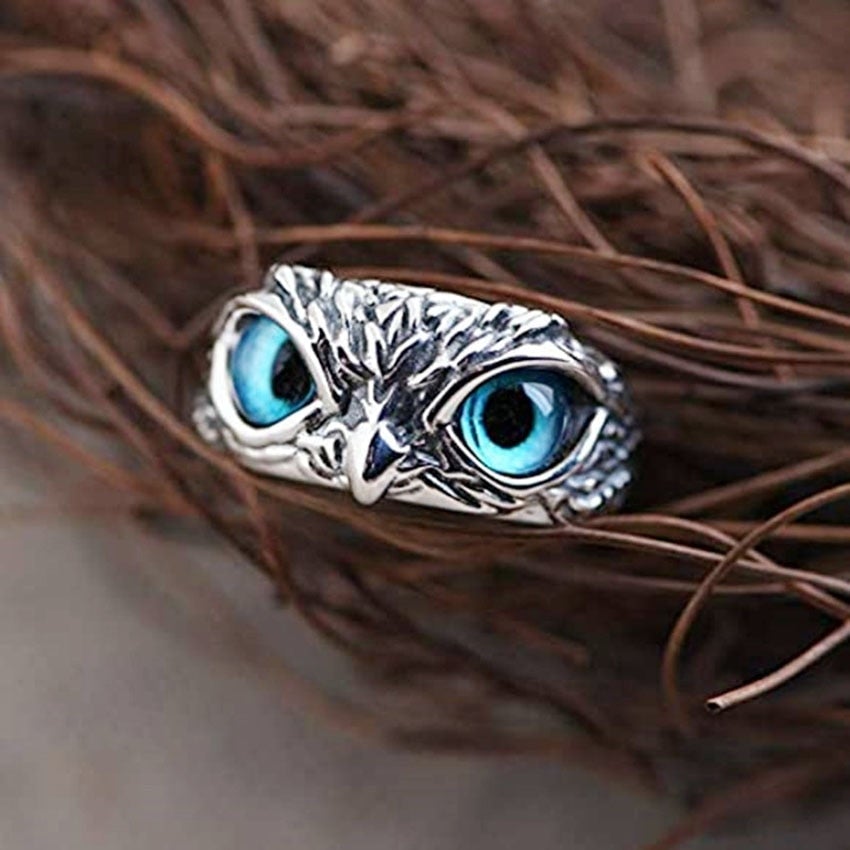 Adjustable Owl Good Luck Ring in Silver and Opal