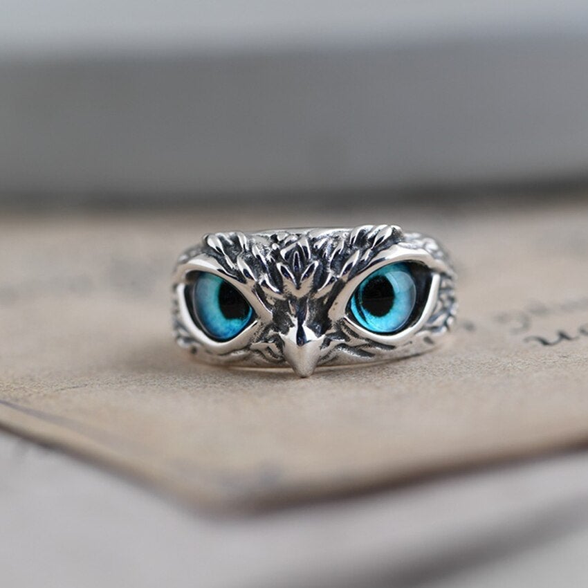 Adjustable Owl Good Luck Ring in Silver and Opal